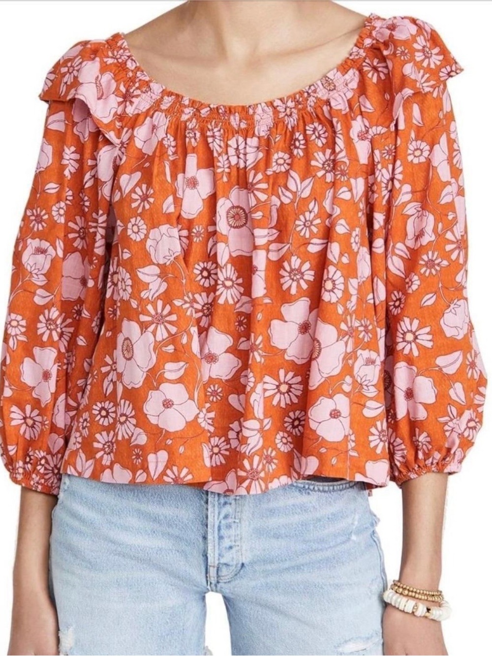 Free People Miss Daisy Floral Peasant Top Heat Wave Boho Cottagecore Retro Sz S
